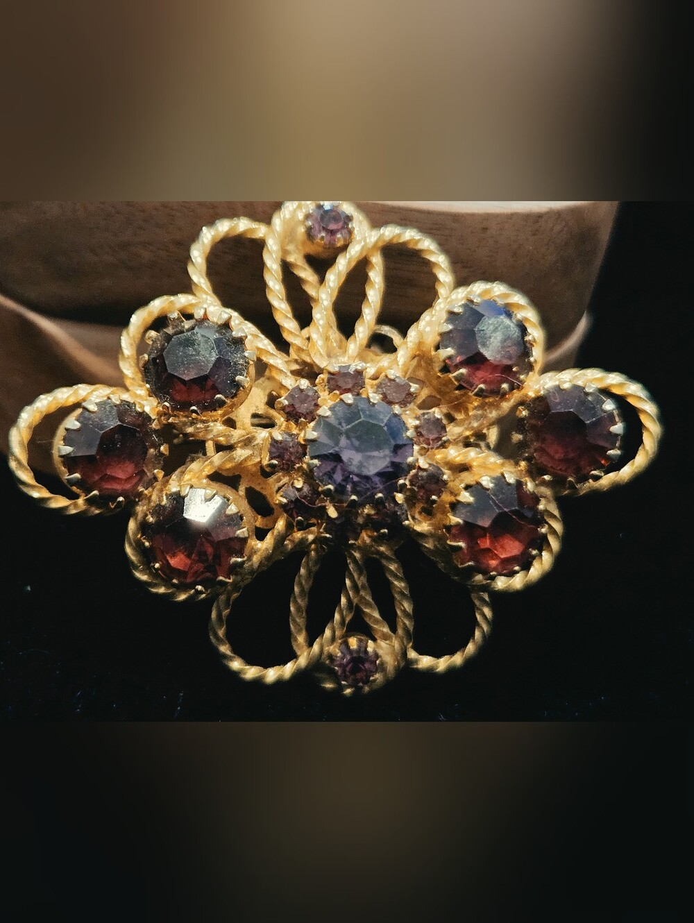 Vintage Gold-Tone Purple & Garnet Color  Floral Brooch - Women Jewelry